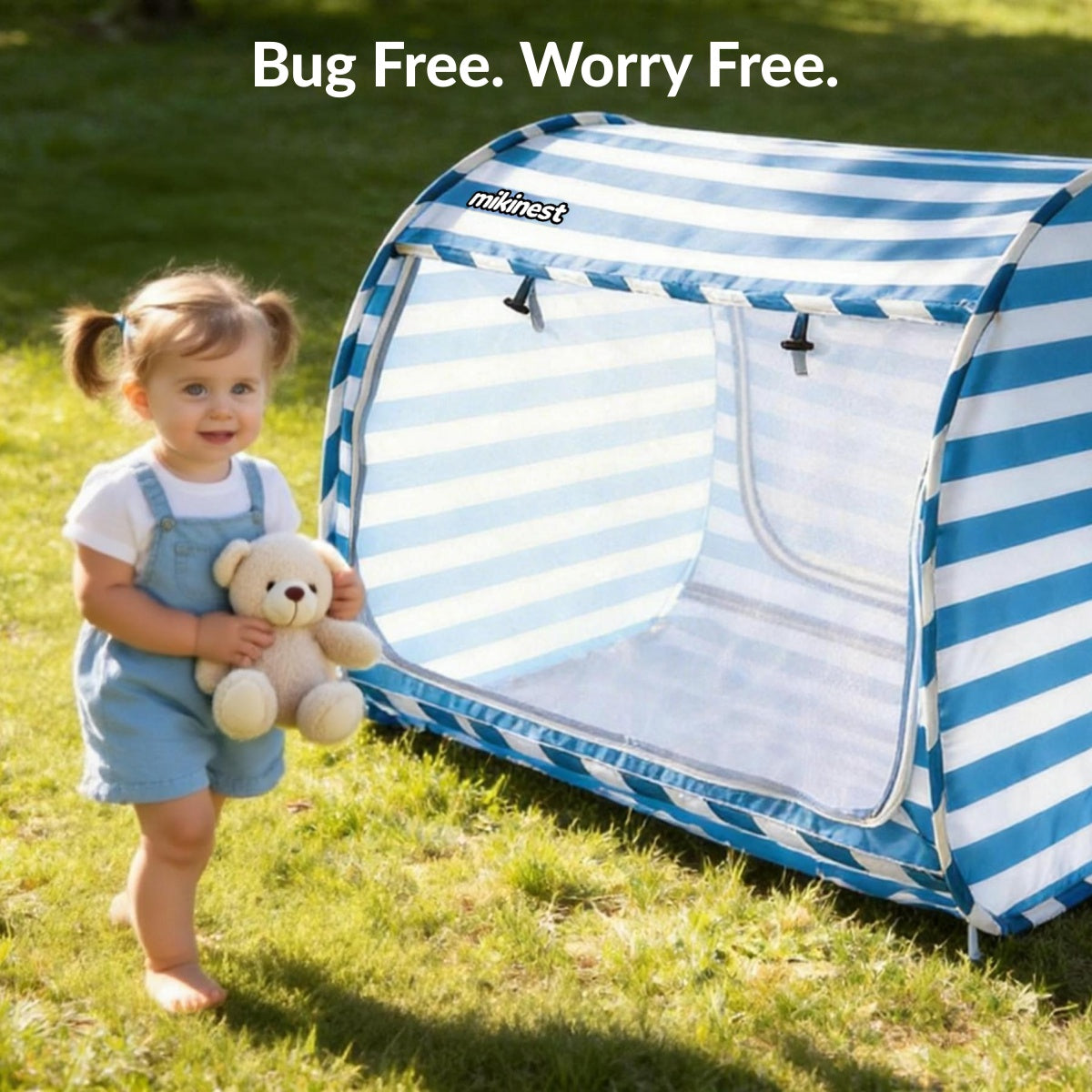 Mikinest Ease Baby Beach Tent Blue Stripe Bug Free Mesh Door Outdoor Lawn Baby Sun Shelter