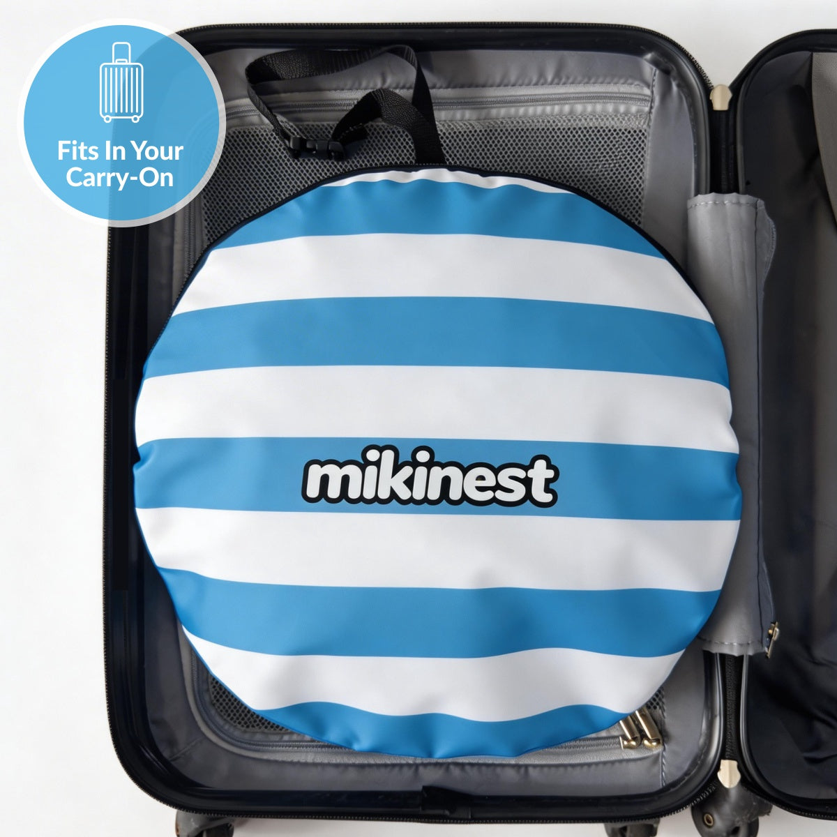 Mikinest Ease Baby Beach Tent Blue Packed in Carry-On Luggage Compact Portable Travel Beach Tent
