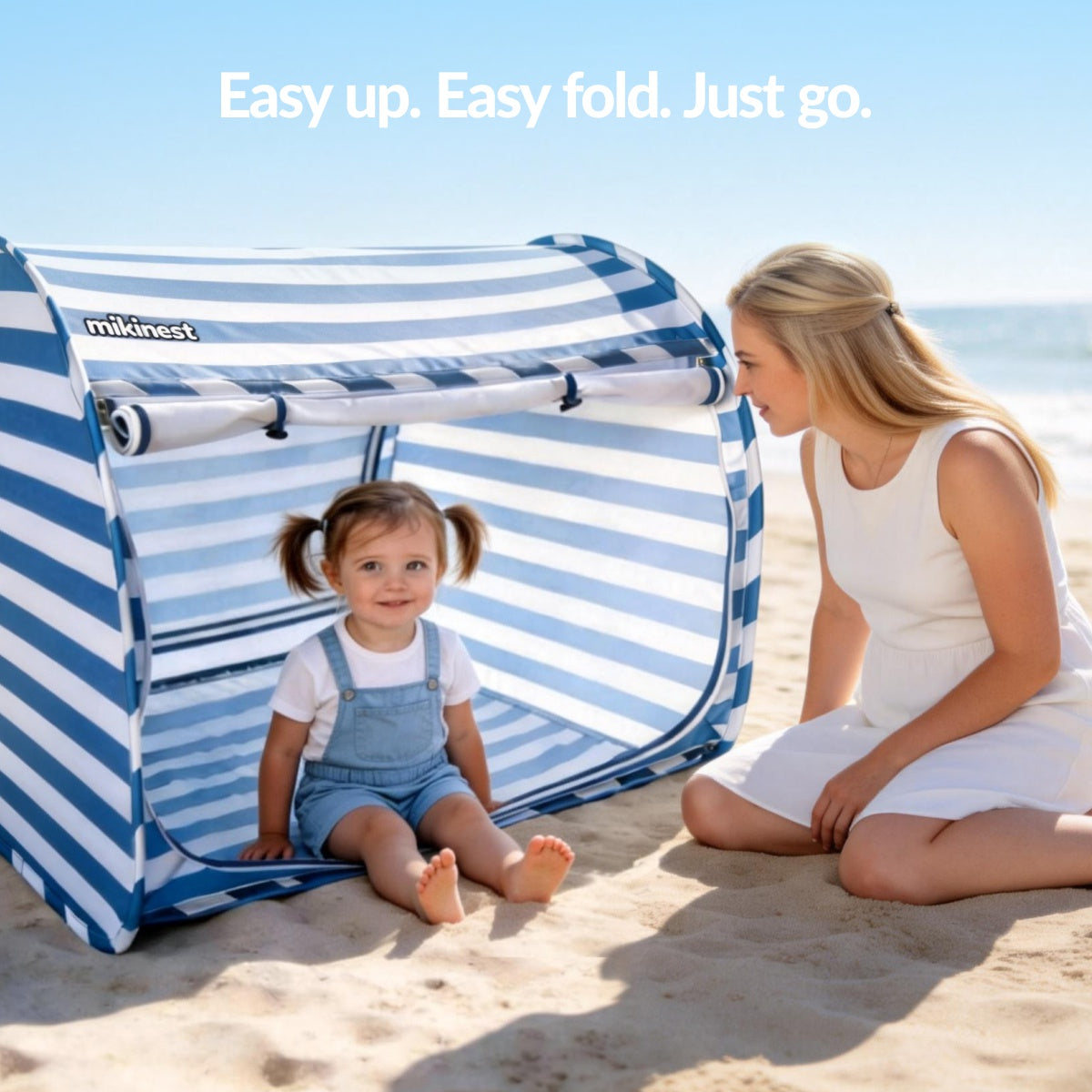 Mikinest Ease Baby Beach Tent Blue Stripe Easy Setup Easy Fold Mom and Baby on Beach