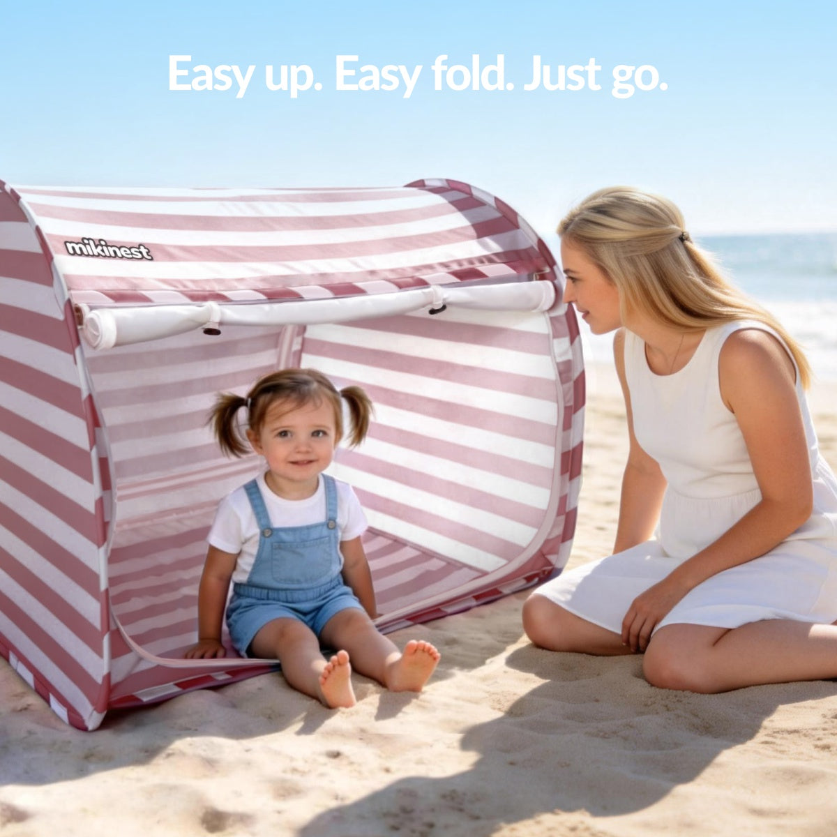 Mikinest Ease Baby Beach Tent Pink Stripe Easy Setup Easy Fold Mom and Baby on Beach