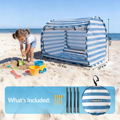 Mikinest Ease Baby Beach Tent Blue 37.5x27.6x31.5 inch with Stakes Poles and Carrying Bag