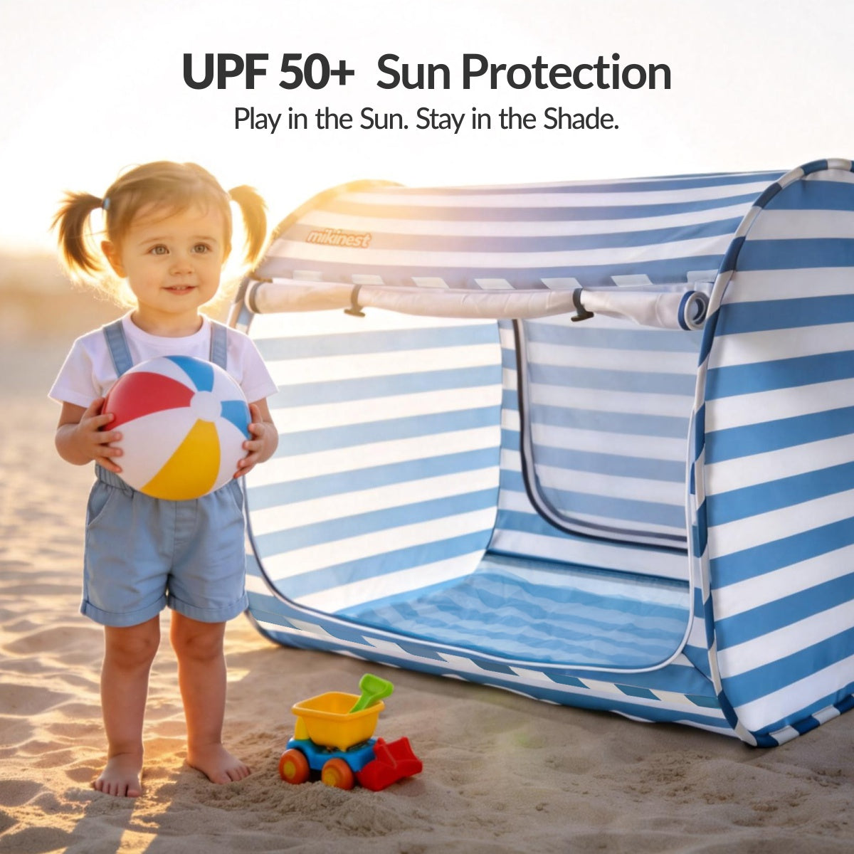 Mikinest Ease Baby Beach Tent Blue Stripe UPF 50+ Sun Protection Shade Shelter Girl Playing on Beach