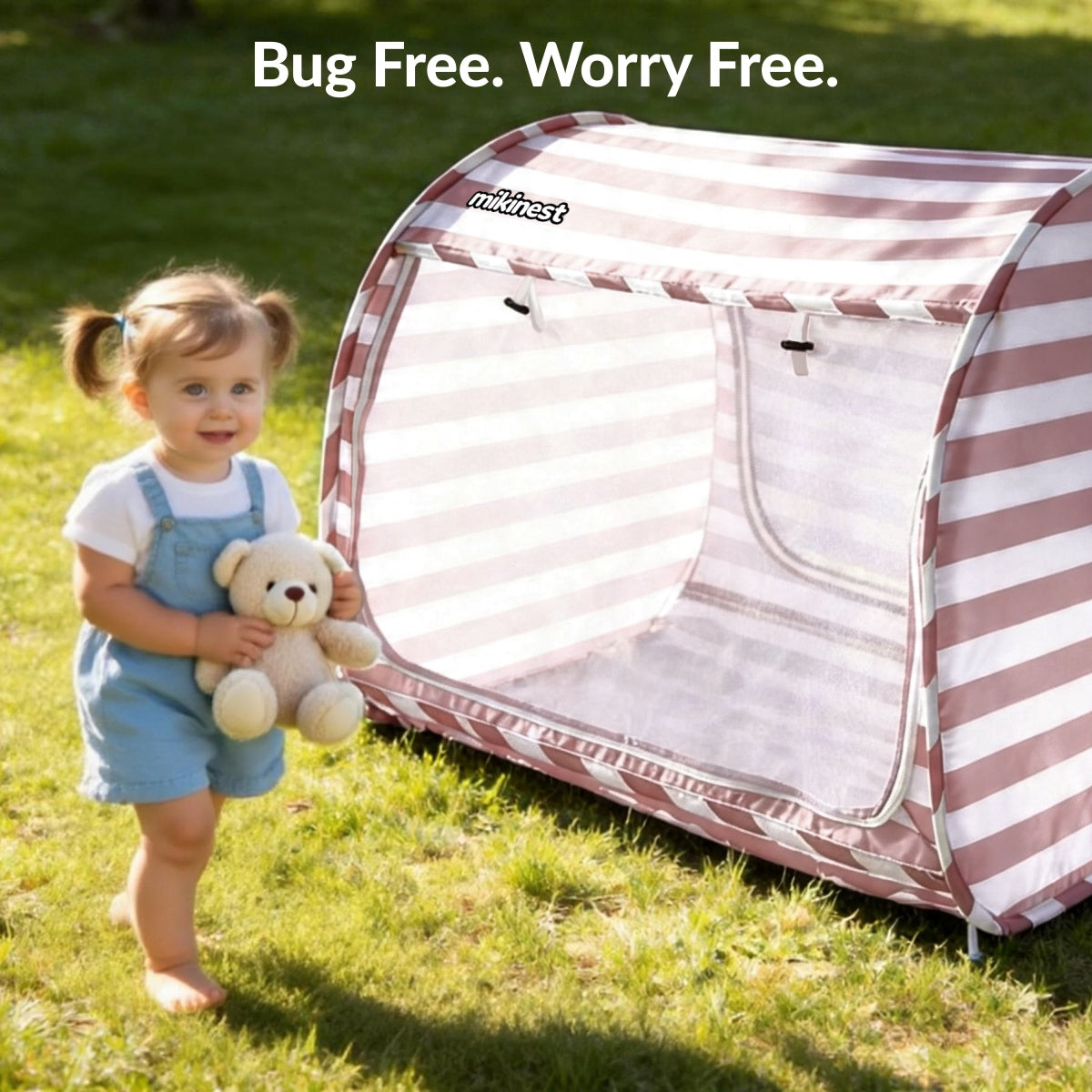 Mikinest Ease Baby Beach Tent Pink Stripe Bug Free Mesh Door Outdoor Lawn Baby Sun Shelter