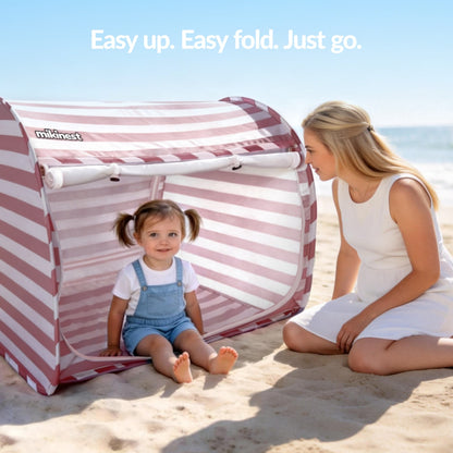 Mikinest Ease Baby Beach Tent Pink Stripe Easy Setup Easy Fold Mom and Baby on Beach