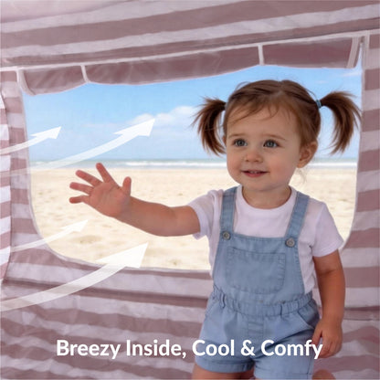 Mikinest Ease Baby Beach Tent Pink Stripe Mesh Window Breezy Ventilation Cool and Comfortable Inside