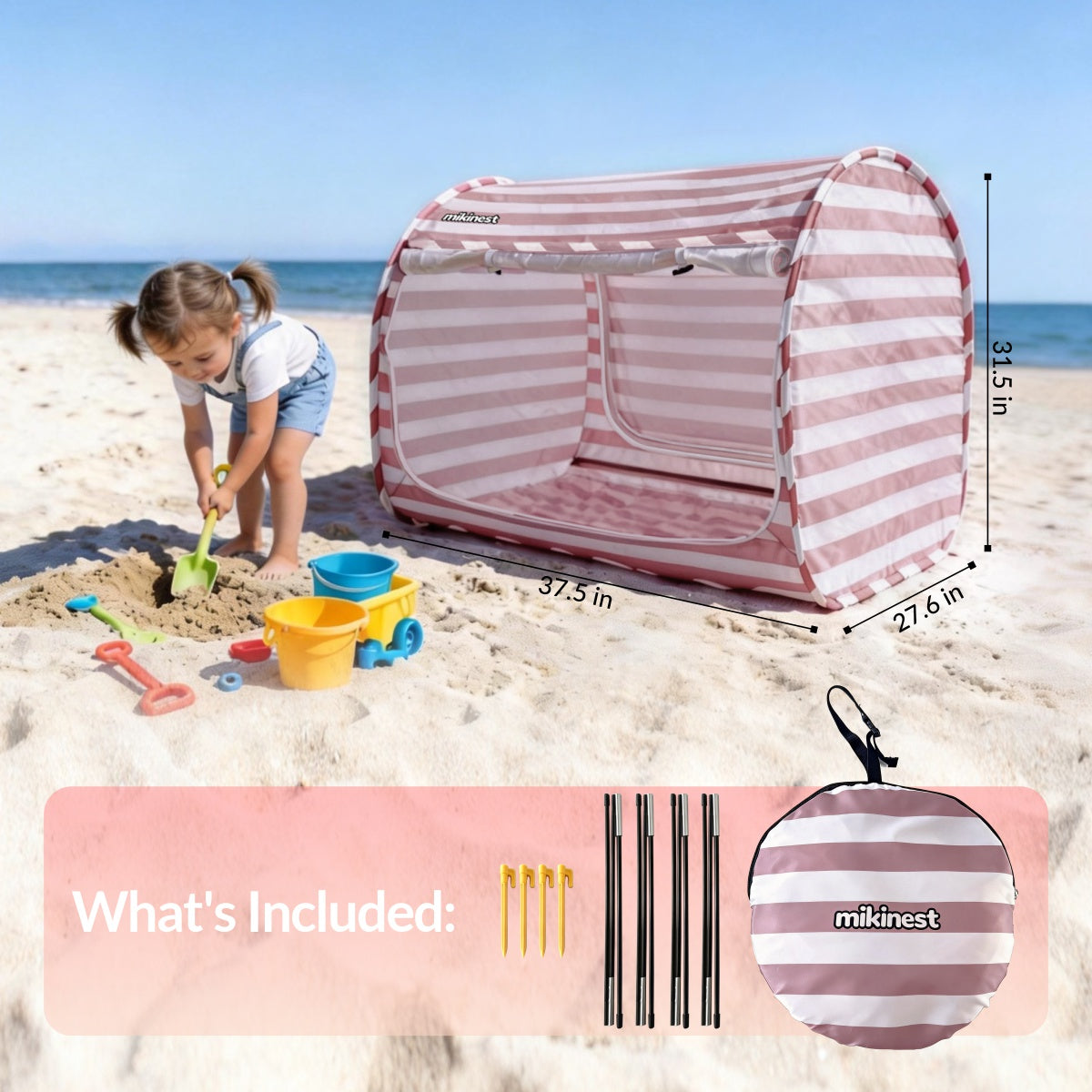 Mikinest Ease Baby Beach Tent Pink 37.5x27.6x31.5 inch with Stakes Poles and Carrying Bag