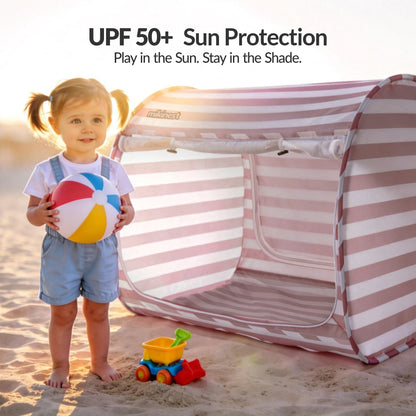 Mikinest Ease Baby Beach Tent Pink Stripe UPF 50+ Sun Protection Shade Shelter Girl Playing on Beach
